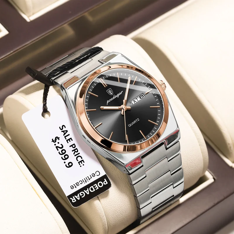 Herren Armbanduhr Silber Schwarz Edelstahl Quarzuhr Luxus Chronograph Business