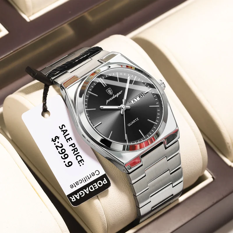 Herren Armbanduhr Silber Schwarz Edelstahl Quarzuhr Luxus Chronograph Business