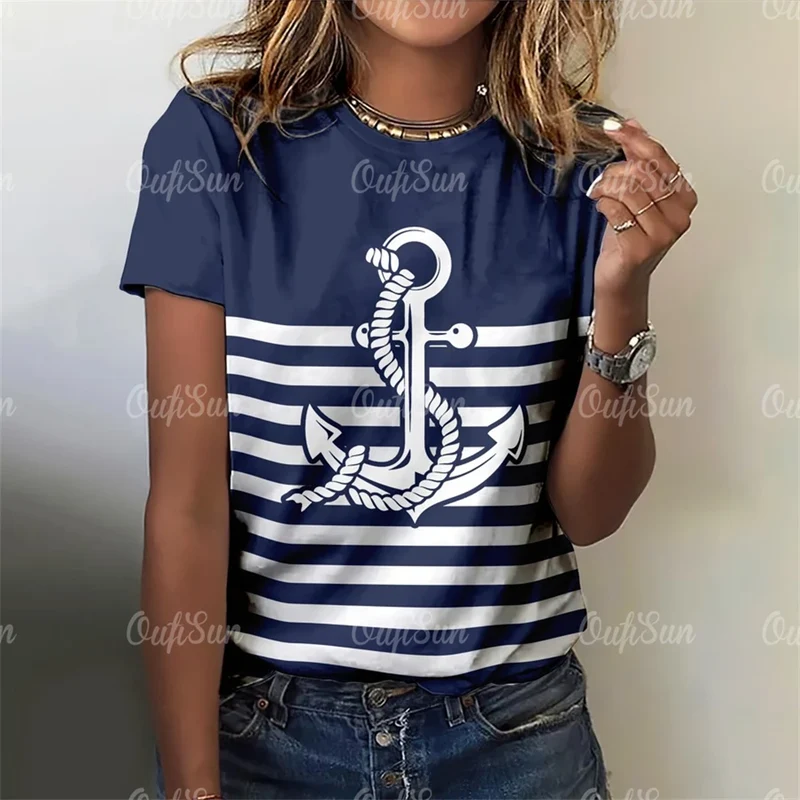 Damen Sommer Top Anker T-Shirt Rundhals Streetwear lockeres Damentop Anker-Motiv