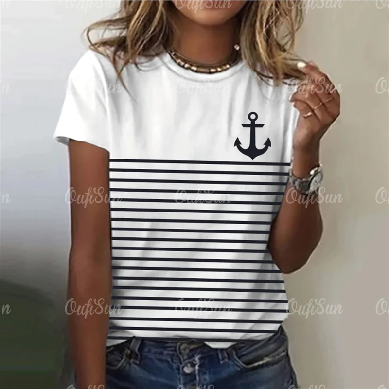 Damen Sommer Top Anker T-Shirt Rundhals Streetwear lockeres Damentop Anker-Motiv