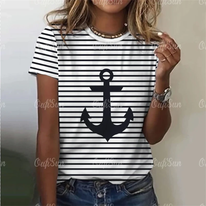 Damen Sommer Top Anker T-Shirt Rundhals Streetwear lockeres Damentop Anker-Motiv