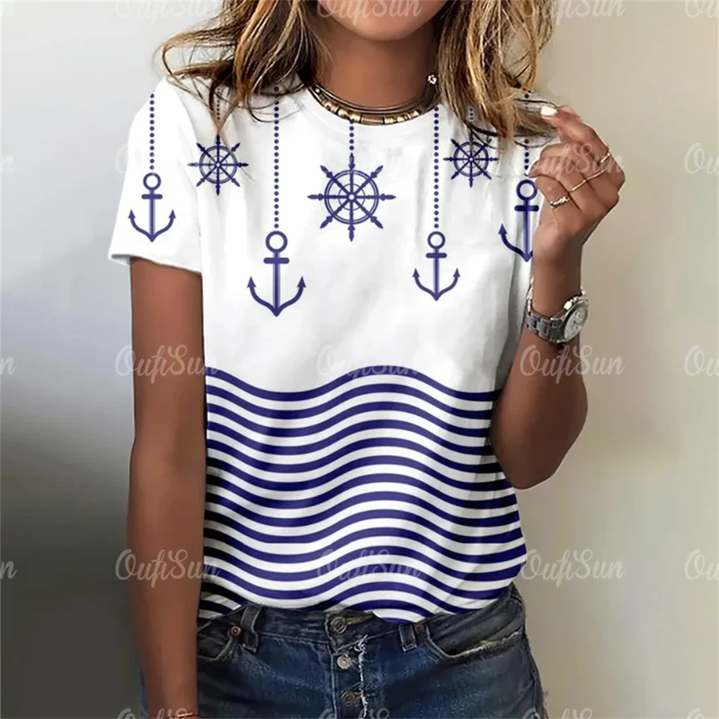 Damen Sommer Top Anker T-Shirt Rundhals Streetwear lockeres Damentop Anker-Motiv