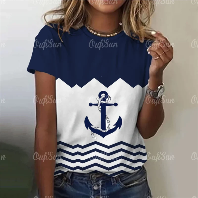 Damen Sommer Top Anker T-Shirt Rundhals Streetwear lockeres Damentop Anker-Motiv
