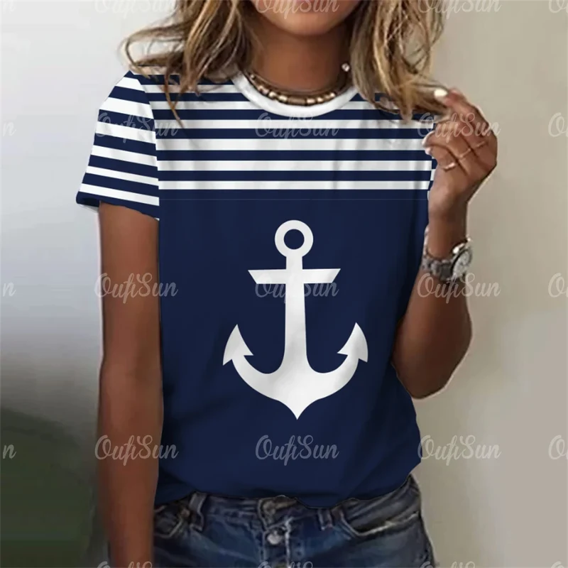 Damen Sommer Top Anker T-Shirt Rundhals Streetwear lockeres Damentop Anker-Motiv