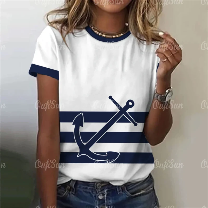 Damen Sommer Top Anker T-Shirt Rundhals Streetwear lockeres Damentop Anker-Motiv