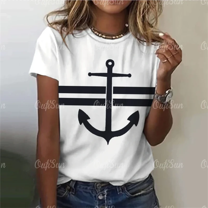 Damen Sommer Top Anker T-Shirt Rundhals Streetwear lockeres Damentop Anker-Motiv