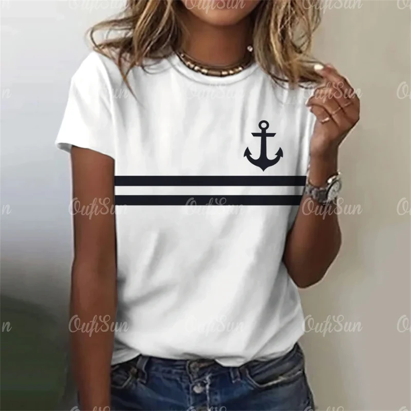 Damen Sommer Top Anker T-Shirt Rundhals Streetwear lockeres Damentop Anker-Motiv