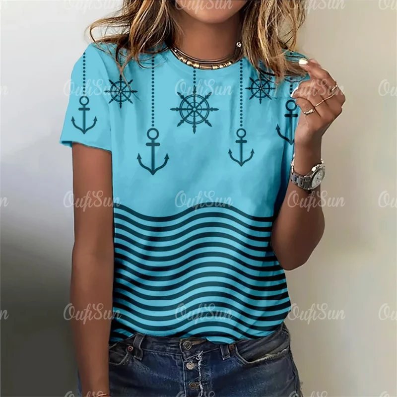 Damen Sommer Top Anker T-Shirt Rundhals Streetwear lockeres Damentop Anker-Motiv