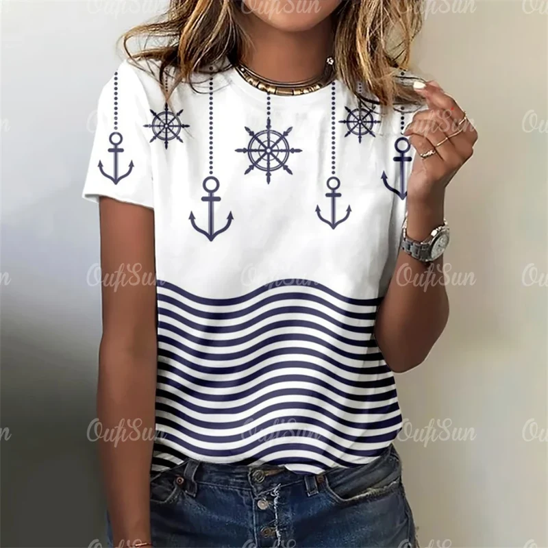 Damen Sommer Top Anker T-Shirt Rundhals Streetwear lockeres Damentop Anker-Motiv