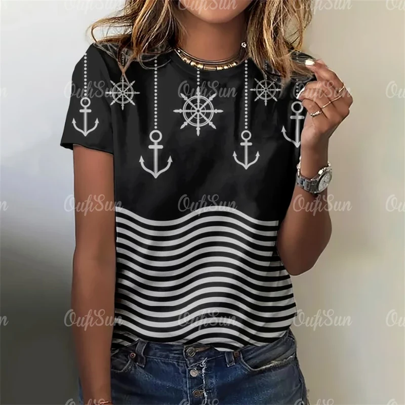 Damen Sommer Top Anker T-Shirt Rundhals Streetwear lockeres Damentop Anker-Motiv