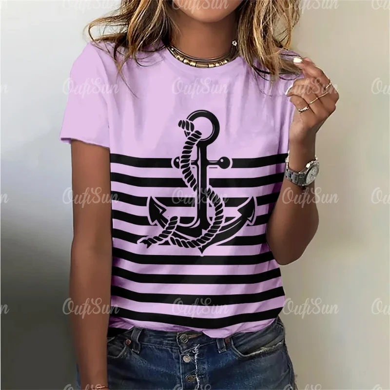 Damen Sommer Top Anker T-Shirt Rundhals Streetwear lockeres Damentop Anker-Motiv