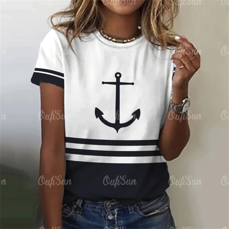 Damen Sommer Top Anker T-Shirt Rundhals Streetwear lockeres Damentop Anker-Motiv