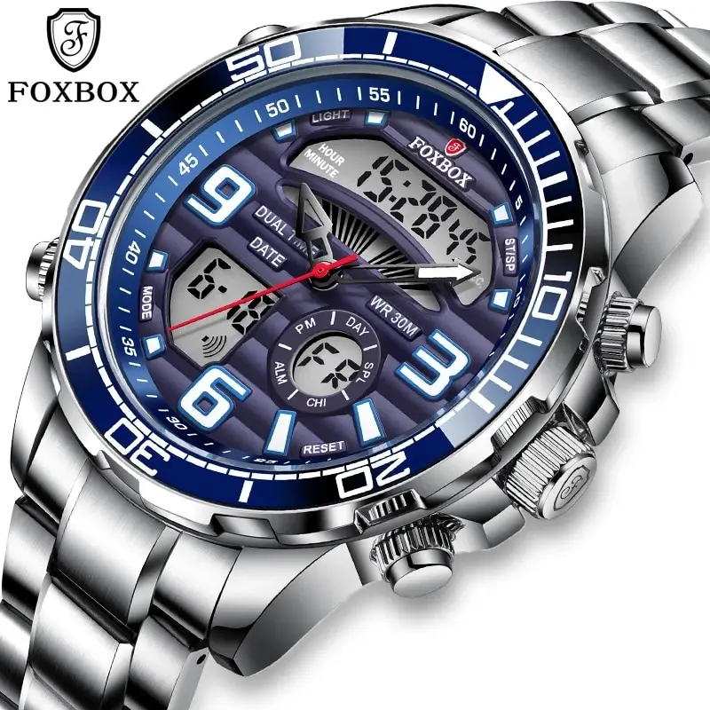 Herren Armbanduhr Silber Schwarz Edelstahl Quarzuhr Luxus Chronograph Business