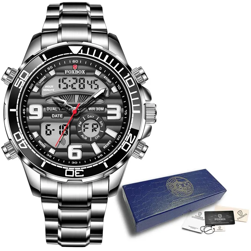 Herren Armbanduhr Silber Schwarz Edelstahl Quarzuhr Luxus Chronograph Business