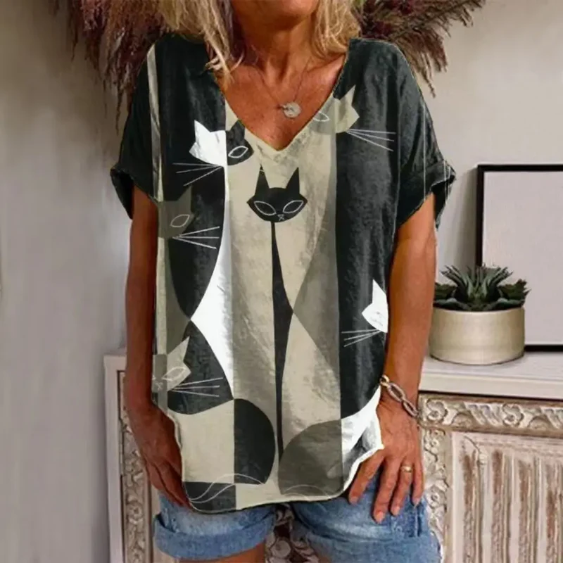 Damen Sommer Top 3D Katzen T-Shirt Rundhals Streetwear lockeres Damentop Bluse