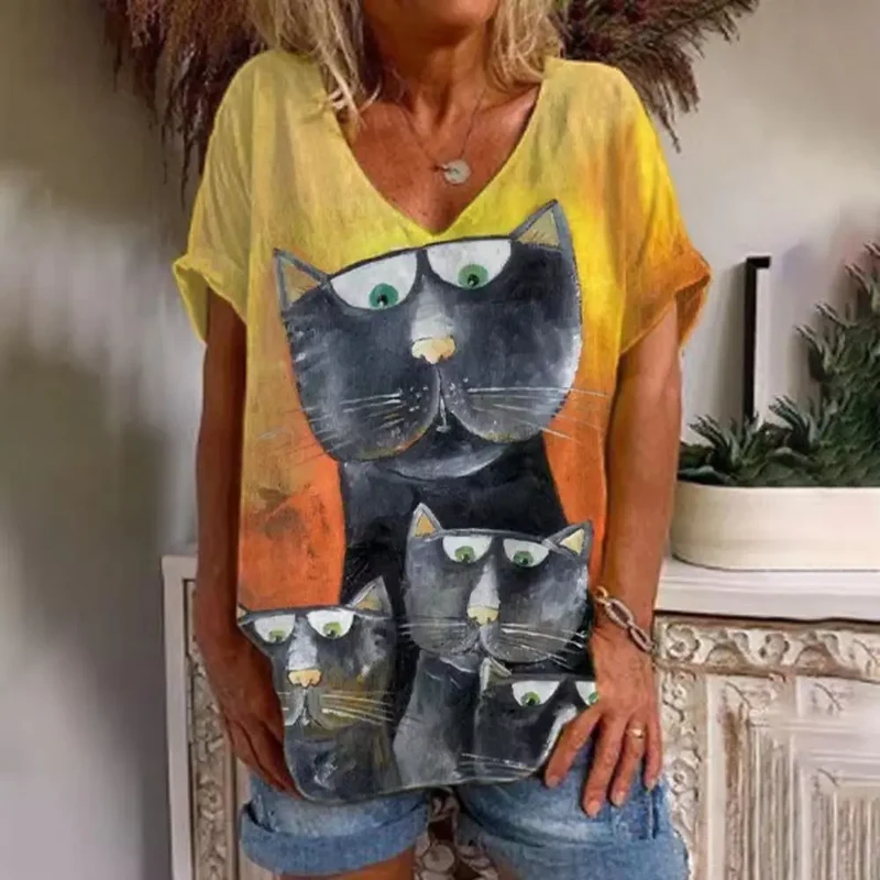 Damen Sommer Top 3D Katzen T-Shirt Rundhals Streetwear lockeres Damentop Bluse