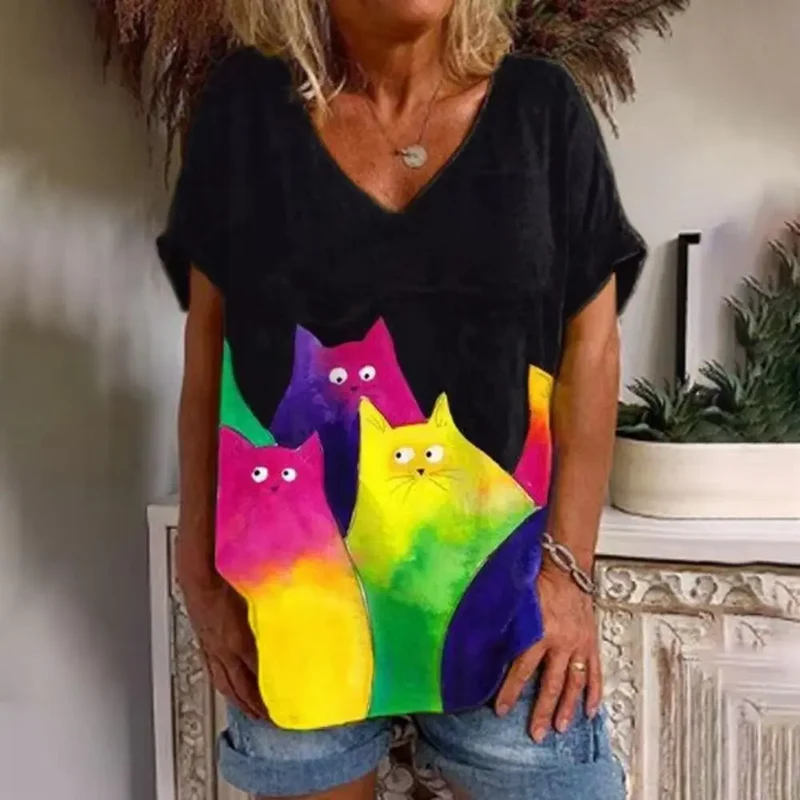 Damen Sommer Top 3D Katzen T-Shirt Rundhals Streetwear lockeres Damentop Bluse