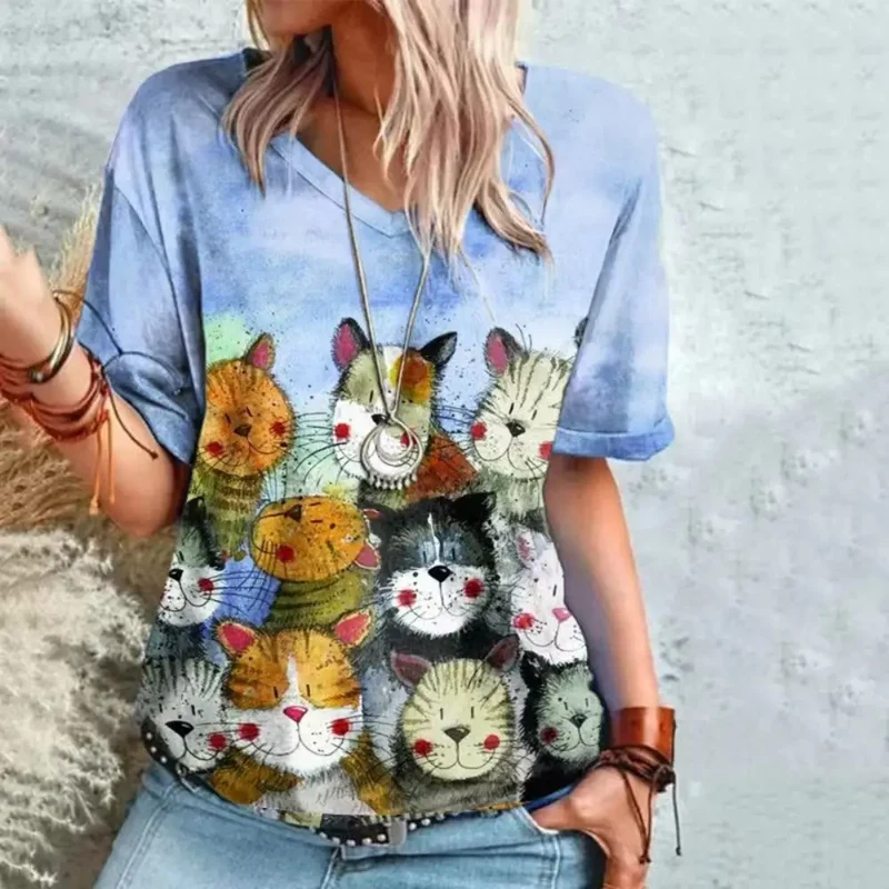 Damen Sommer Top 3D Katzen T-Shirt Rundhals Streetwear lockeres Damentop Bluse