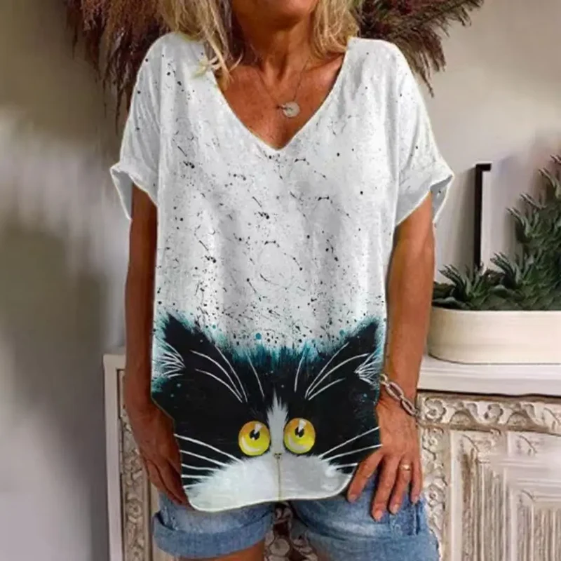 Damen Sommer Top 3D Katzen T-Shirt Rundhals Streetwear lockeres Damentop Bluse