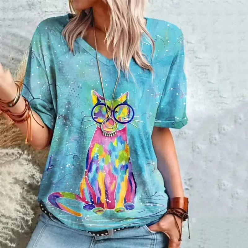 Damen Sommer Top 3D Katzen T-Shirt Rundhals Streetwear lockeres Damentop Bluse