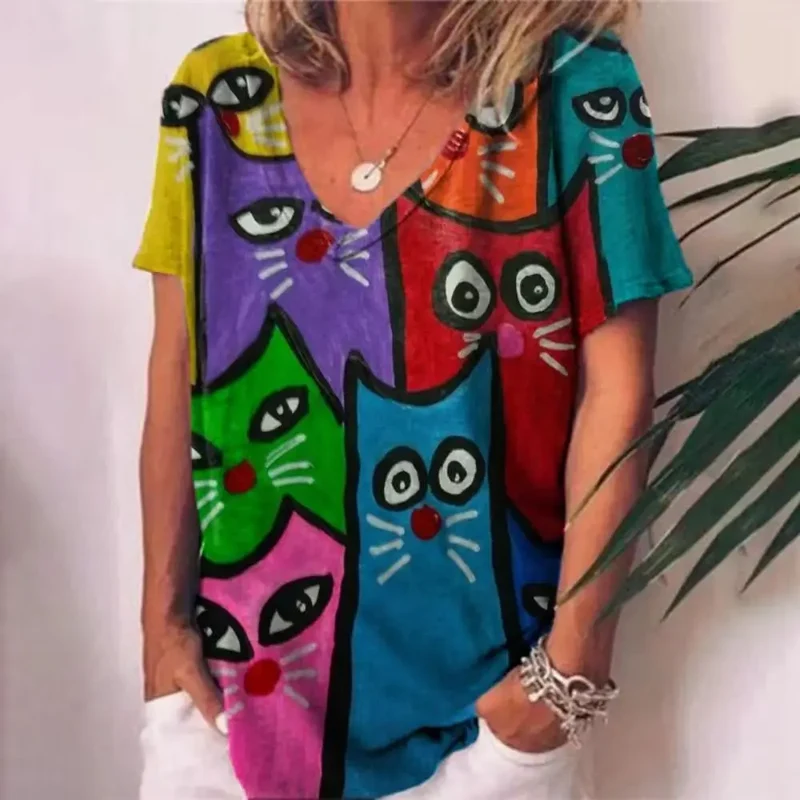 Damen Sommer Top 3D Katzen T-Shirt Rundhals Streetwear lockeres Damentop Bluse