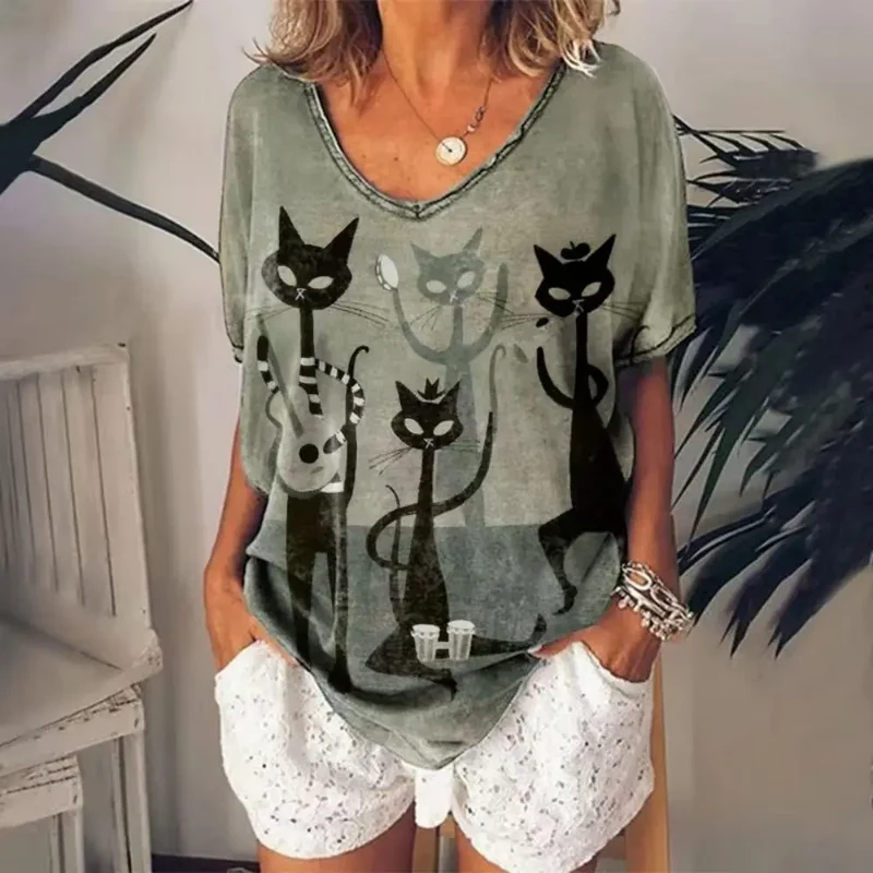 Damen Sommer Top 3D Katzen T-Shirt Rundhals Streetwear lockeres Damentop Bluse