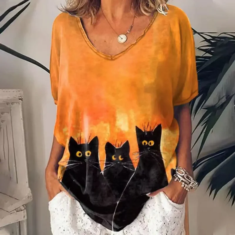 Damen Sommer Top 3D Katzen T-Shirt Rundhals Streetwear lockeres Damentop Bluse