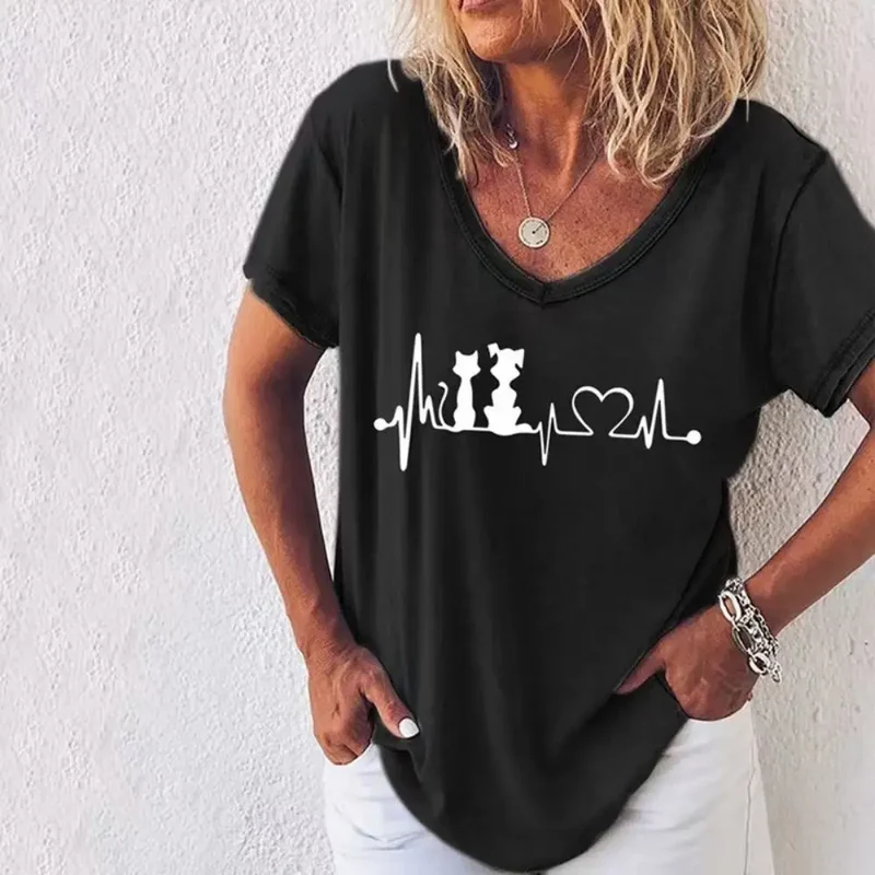 Damen Sommer Top 3D Katzen T-Shirt Rundhals Streetwear lockeres Damentop Bluse