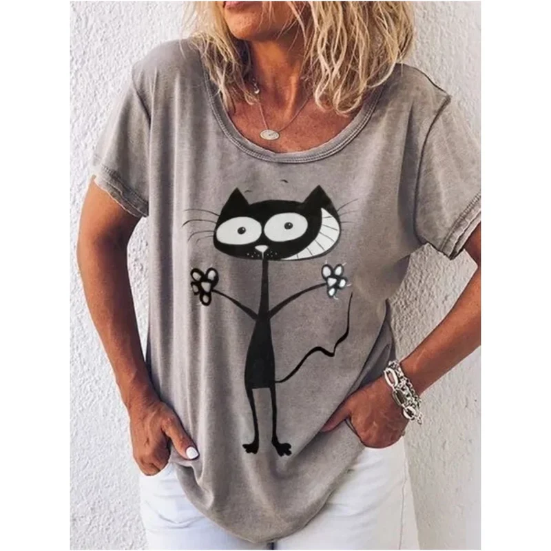 Damen Sommer Top 3D Katzen T-Shirt Rundhals Streetwear lockeres Damentop Bluse