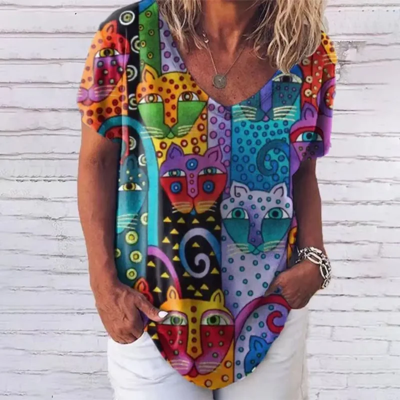 Damen Sommer Top 3D Katzen T-Shirt Rundhals Streetwear lockeres Damentop Bluse