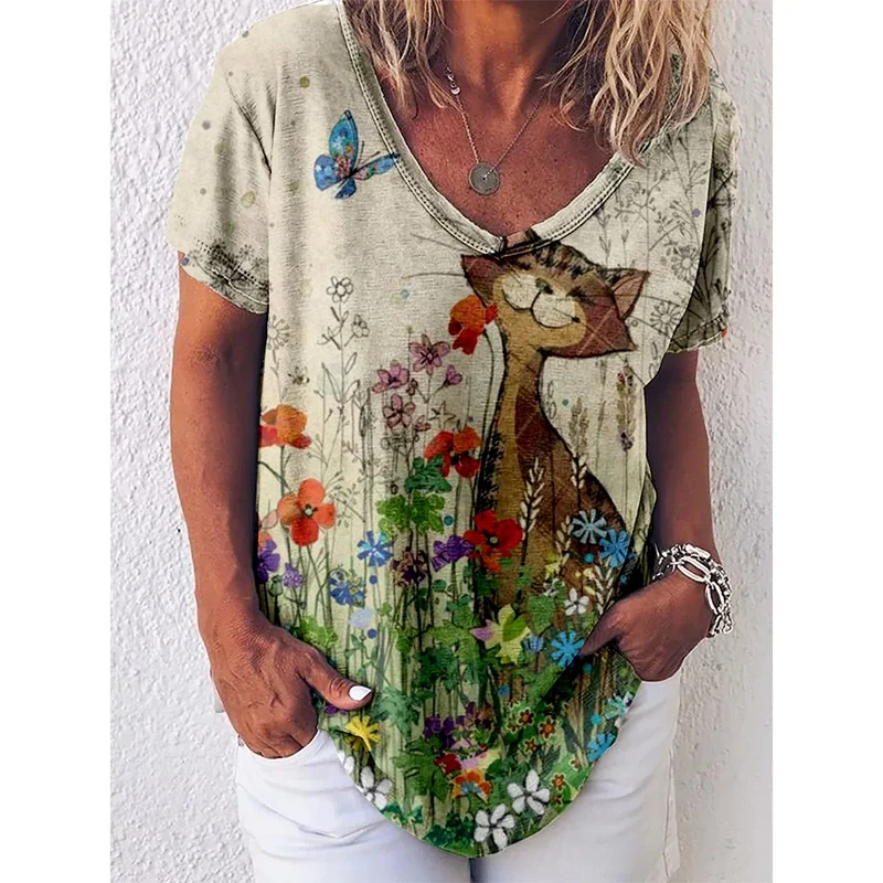 Damen Sommer Top 3D Katzen T-Shirt Rundhals Streetwear lockeres Damentop Bluse
