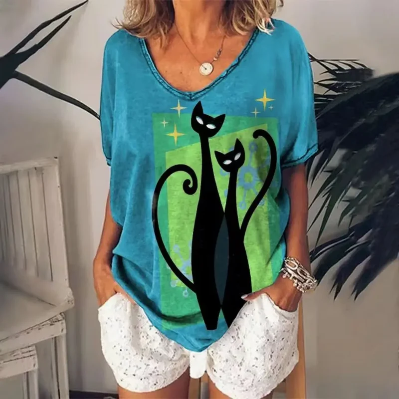 Damen Sommer Top 3D Katzen T-Shirt Rundhals Streetwear lockeres Damentop Bluse