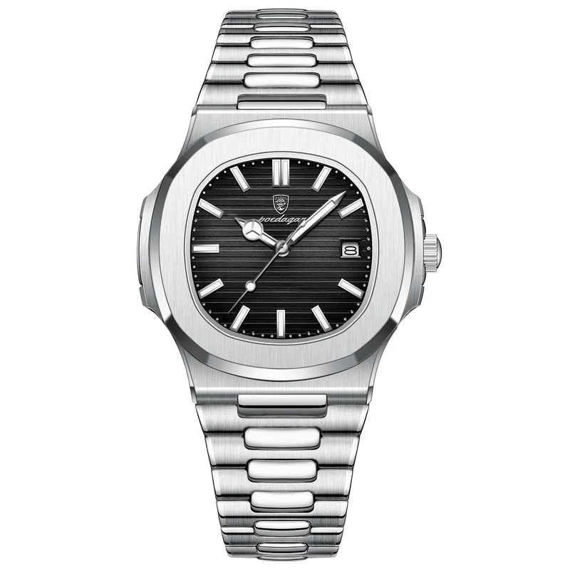 Herren Armbanduhr Silber Schwarz Edelstahl Quarzuhr Luxus Chronograph Business