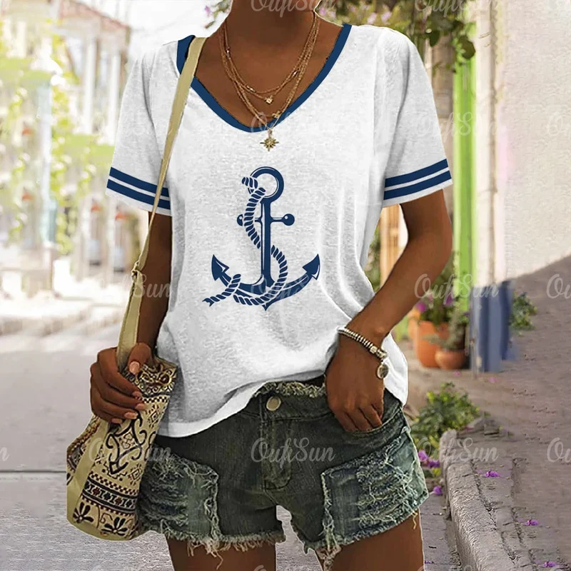 Damen Sommer Top Anker T-Shirt Rundhals Streetwear lockeres Damentop Anker-Motiv