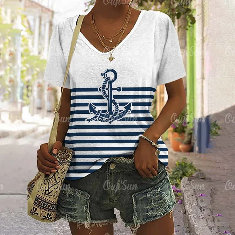 Damen Sommer Top Anker T-Shirt Rundhals Streetwear lockeres Damentop Anker-Motiv