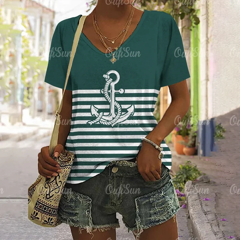 Damen Sommer Top Anker T-Shirt Rundhals Streetwear lockeres Damentop Anker-Motiv