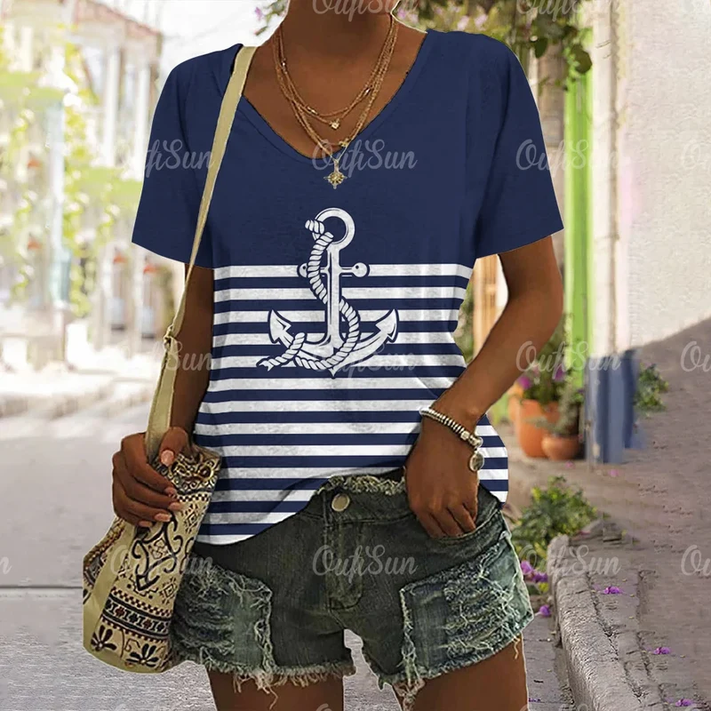 Damen Sommer Top Anker T-Shirt Rundhals Streetwear lockeres Damentop Anker-Motiv