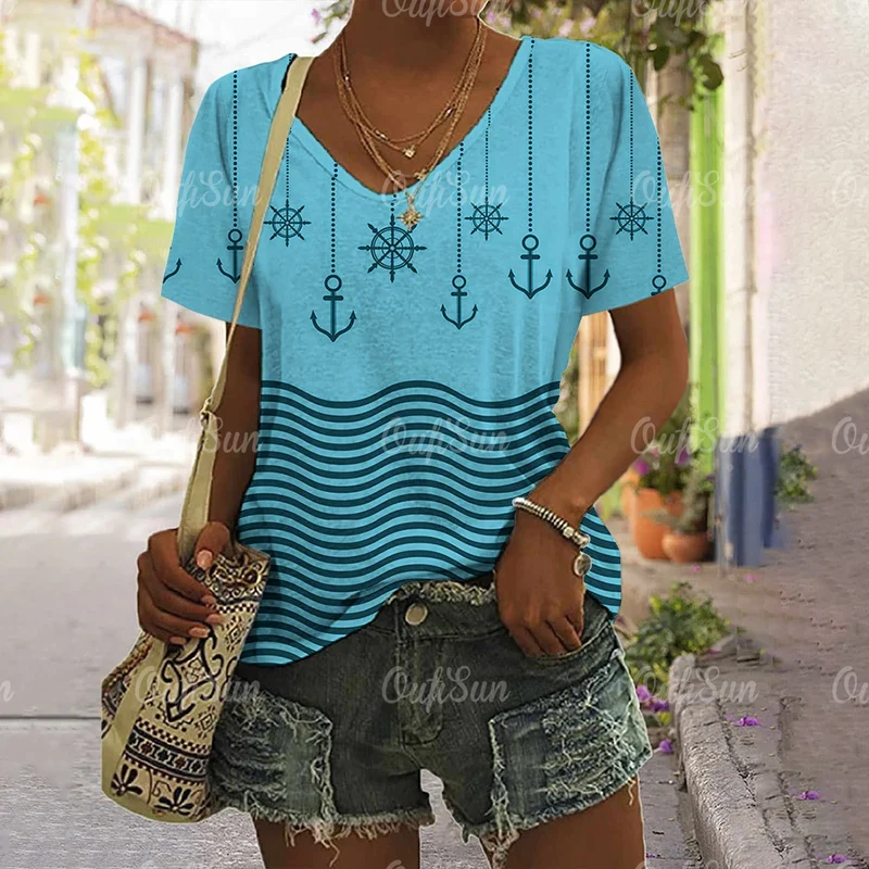 Damen Sommer Top Anker T-Shirt Rundhals Streetwear lockeres Damentop Anker-Motiv
