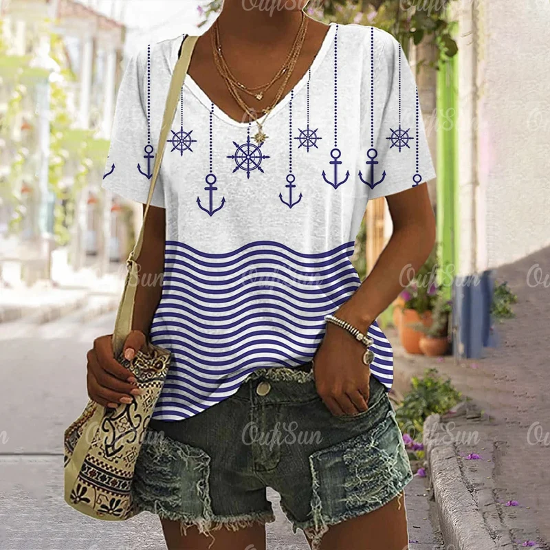 Damen Sommer Top Anker T-Shirt Rundhals Streetwear lockeres Damentop Anker-Motiv