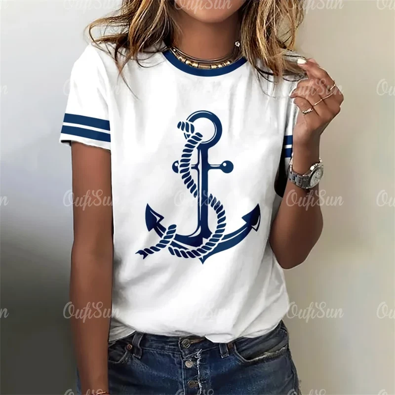Damen Sommer Top Anker T-Shirt Rundhals Streetwear lockeres Damentop Anker-Motiv