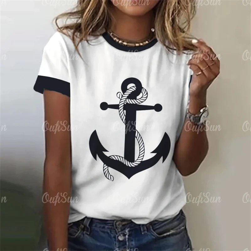 Damen Sommer Top Anker T-Shirt Rundhals Streetwear lockeres Damentop Anker-Motiv