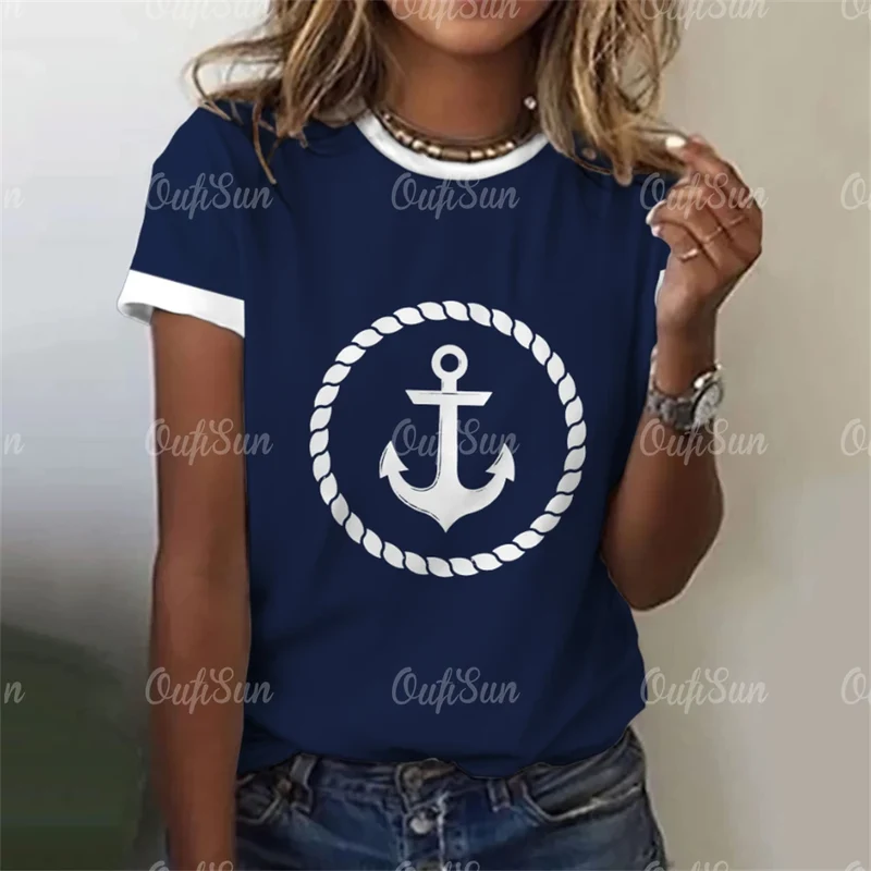 Damen Sommer Top Anker T-Shirt Rundhals Streetwear lockeres Damentop Anker-Motiv
