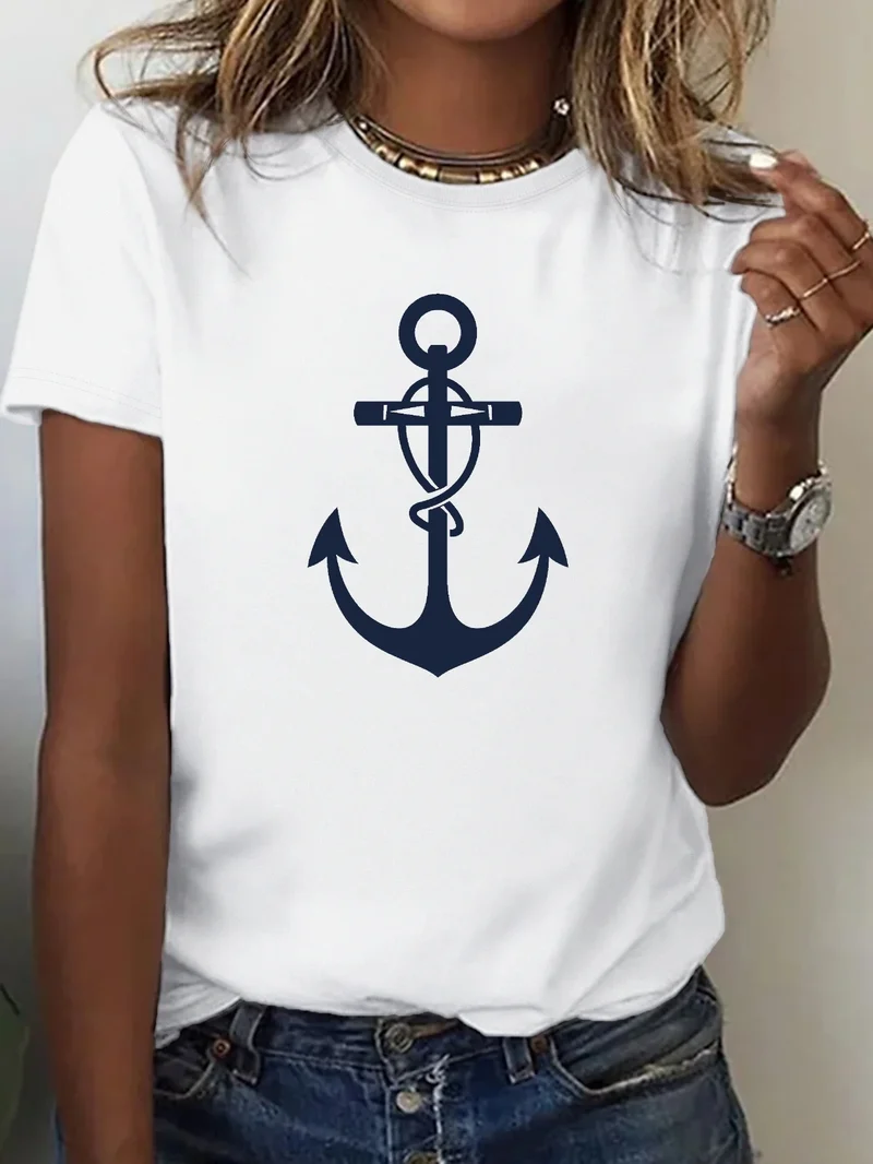 Damen Sommer Top Anker T-Shirt Rundhals Streetwear lockeres Damentop Anker-Motiv