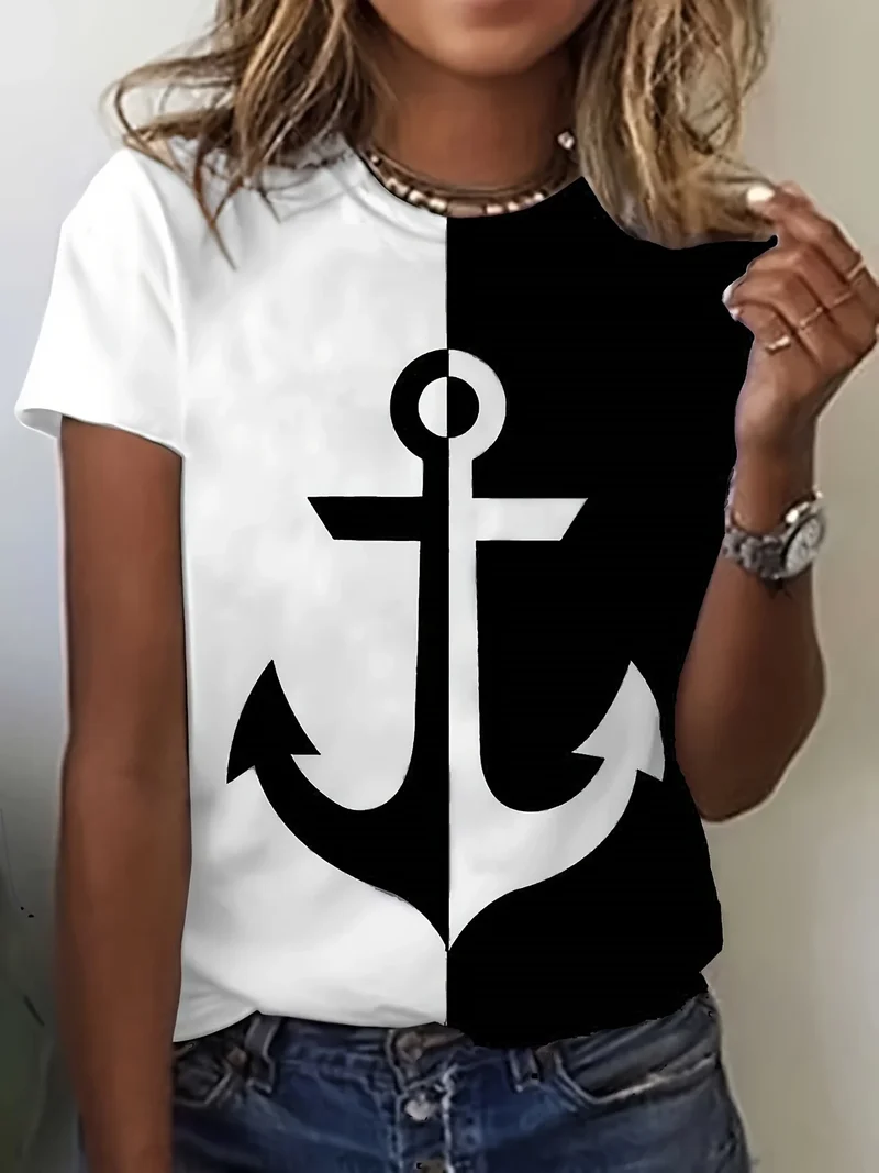 Damen Sommer Top Anker T-Shirt Rundhals Streetwear lockeres Damentop Anker-Motiv