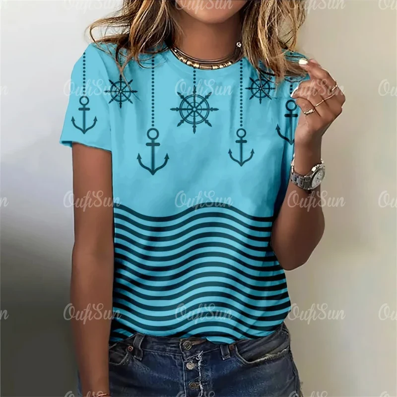 Damen Sommer Top Anker T-Shirt Rundhals Streetwear lockeres Damentop Anker-Motiv