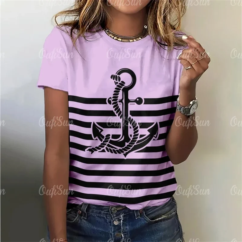 Damen Sommer Top Anker T-Shirt Rundhals Streetwear lockeres Damentop Anker-Motiv