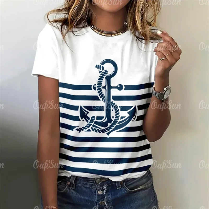 Damen Sommer Top Anker T-Shirt Rundhals Streetwear lockeres Damentop Anker-Motiv