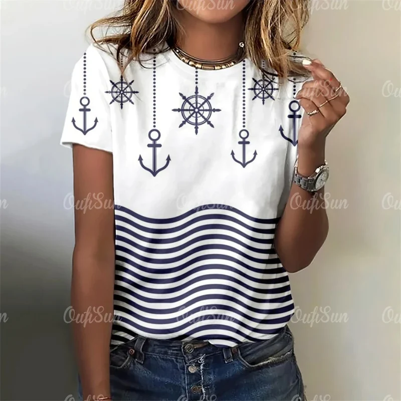 Damen Sommer Top Anker T-Shirt Rundhals Streetwear lockeres Damentop Anker-Motiv