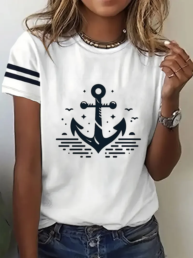 Damen Sommer Top Anker T-Shirt Rundhals Streetwear lockeres Damentop Anker-Motiv