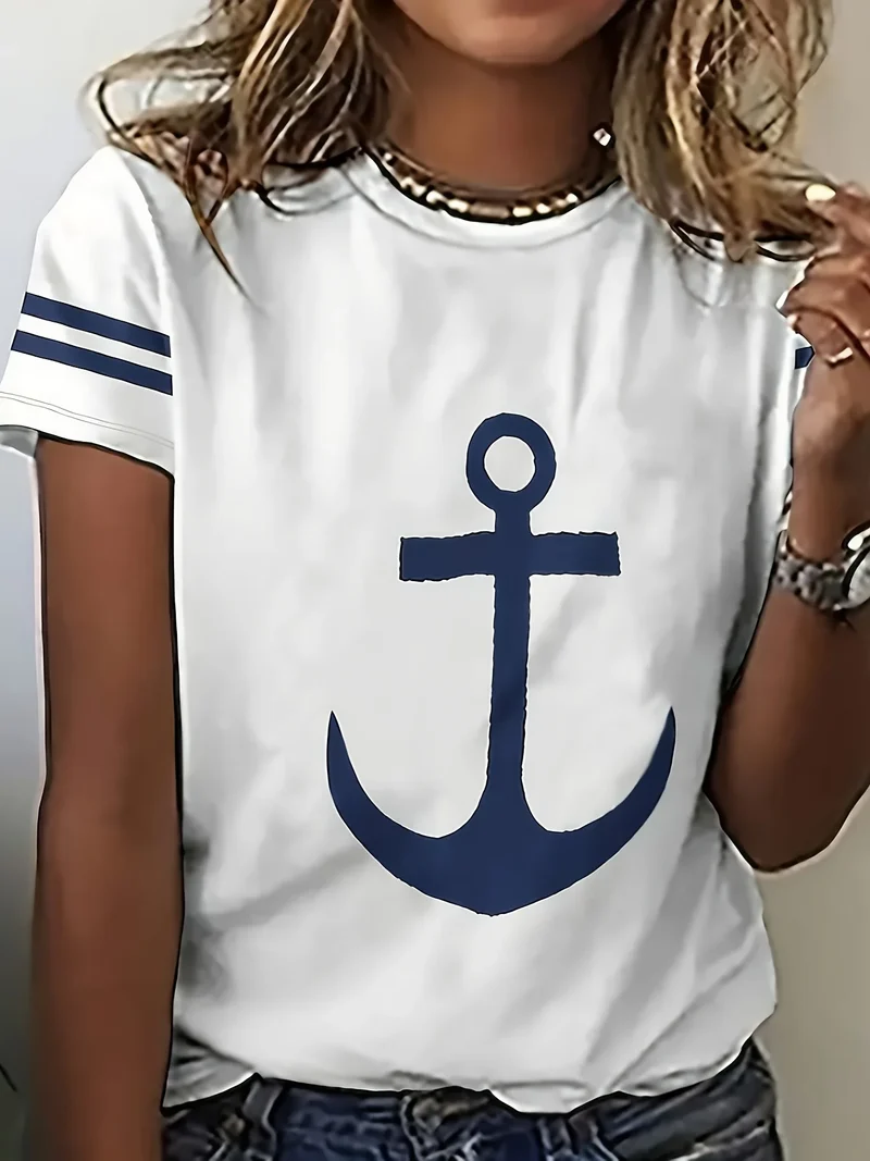 Damen Sommer Top Anker T-Shirt Rundhals Streetwear lockeres Damentop Anker-Motiv